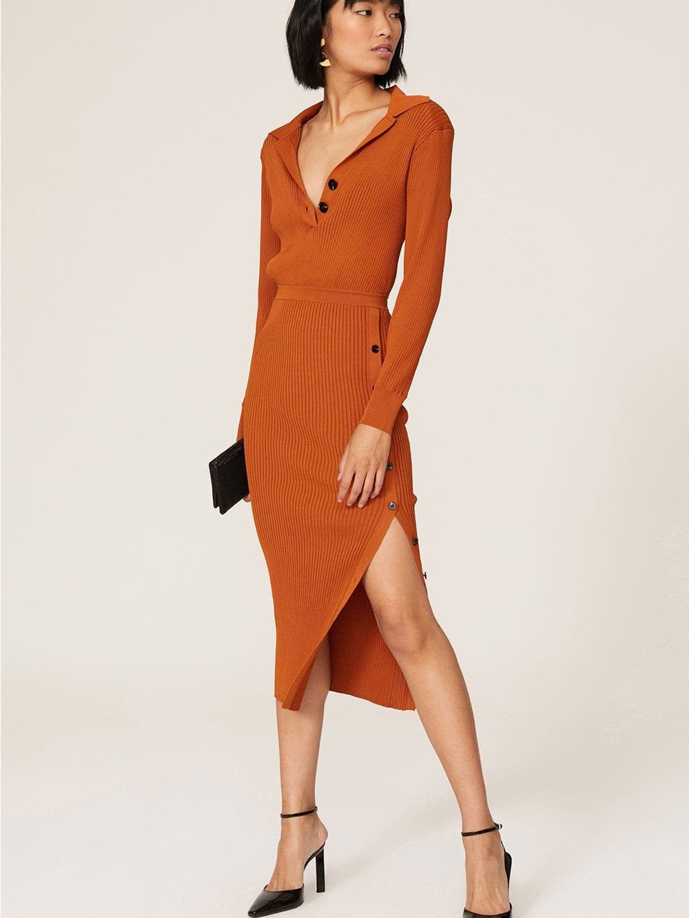 Self-Portrait Ribbed Long-Sleeve Midi Dress in Burnt Orange